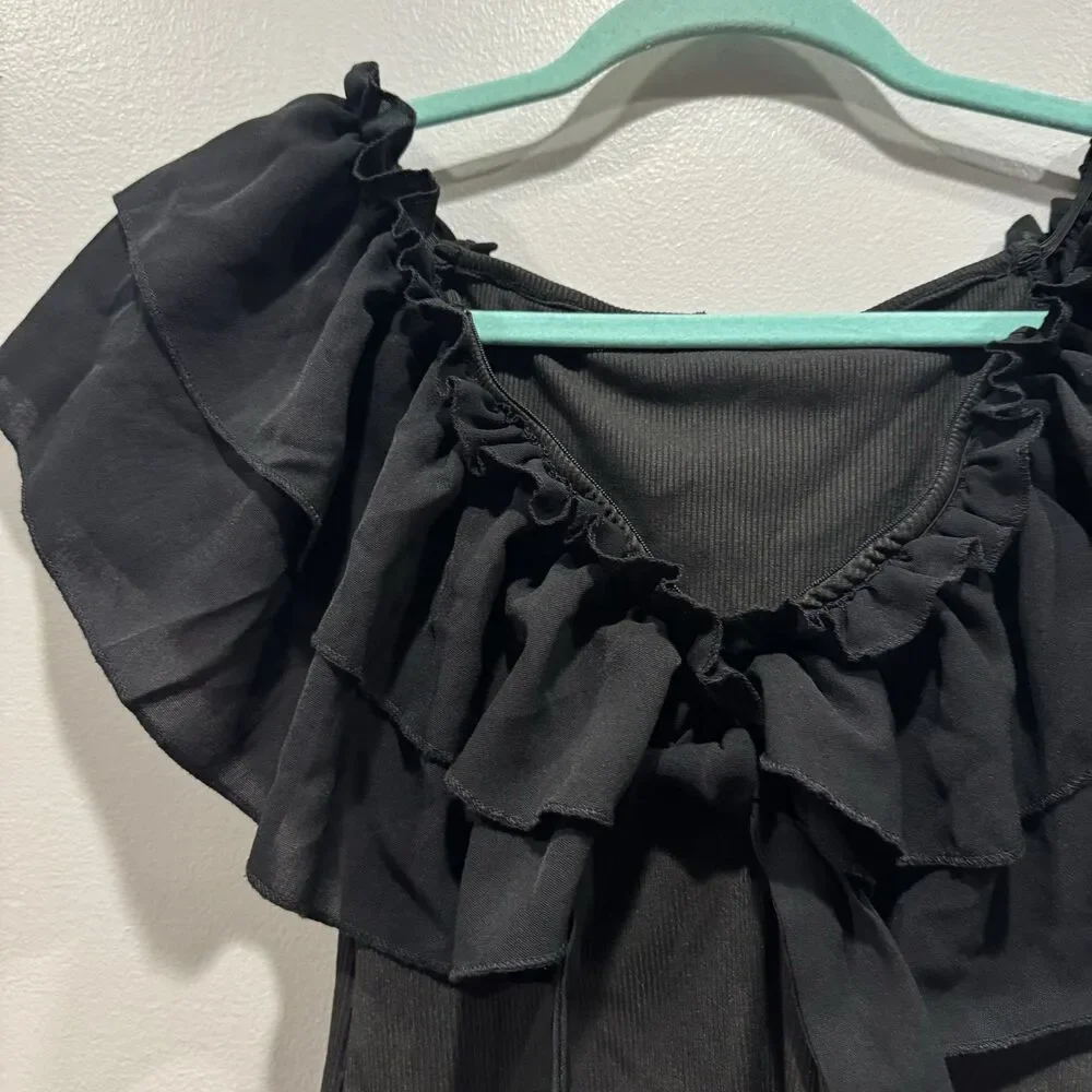 Top Ruffle Blouse Shirt Sleeveless Soft Stretch Black Girly Romantic Women Small - Picture 2 of 5